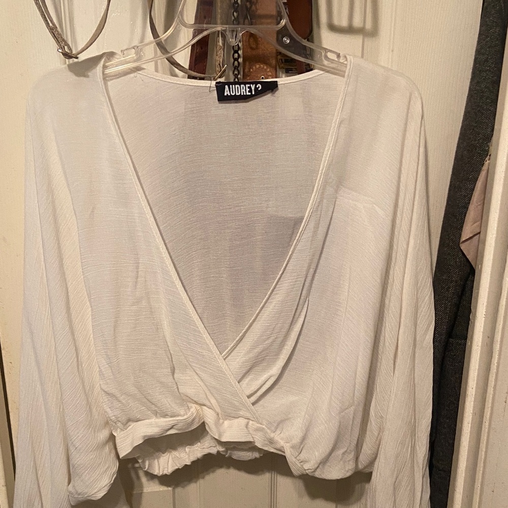 audrey White Long-Sleeve Wrap Crop Top